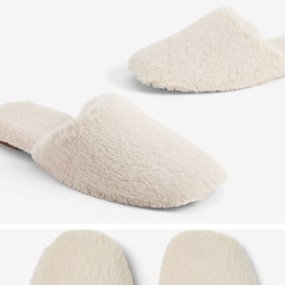 new EXPRESS cream faux fur hard bottom slides slippers 8